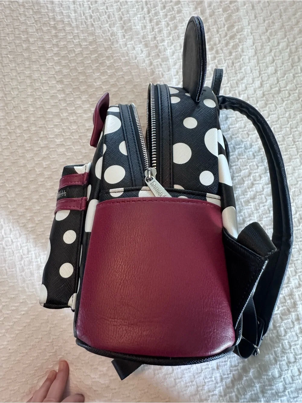Loungefly Disney Black White Polka Dot Mini Backpack with Burgundy Bow